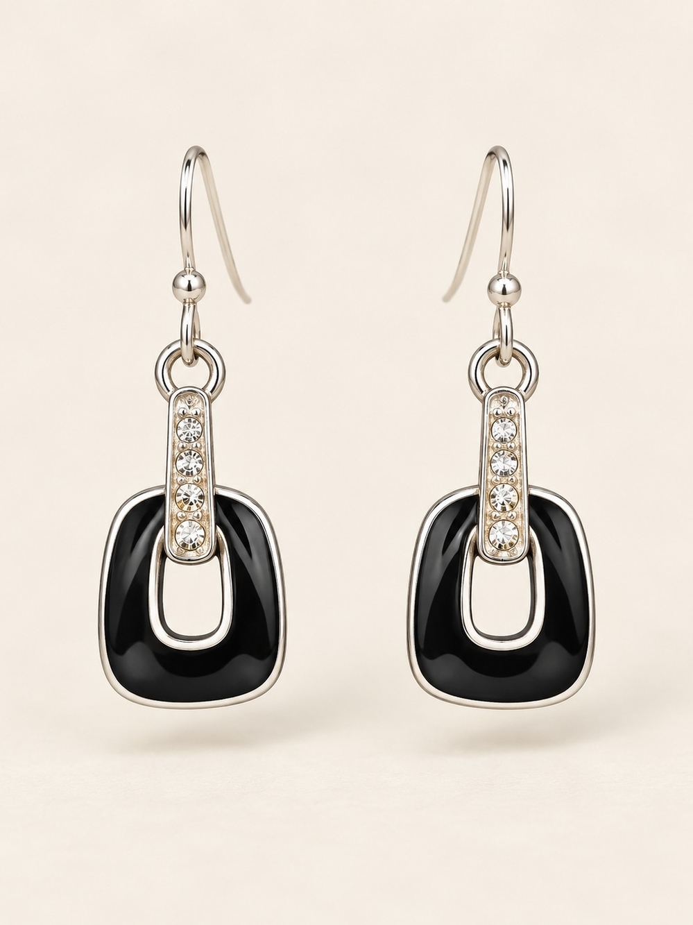 Avon Black Enamel Rhinestone Geometric Dangle Earrings Silver Tone